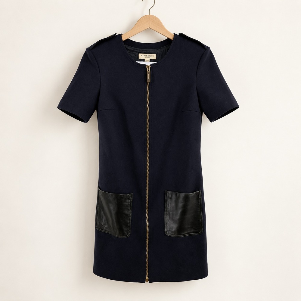 Burberry London Zip Front Shift Dress Women Size US 2 UK 4 Navy Leather Pockets
